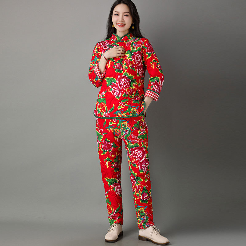 东北大棉袄大花布衣服纯手工棉花棉衣棉裤女冬外穿时尚民族风套装