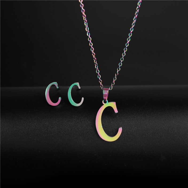 Cross-Border Colorful Accessories European Hip Hop Stainless Steel Necklace and Earring Suit Simple 26 English Letter Necklace