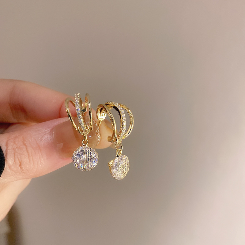 Real Gold Electroplated Silver Needle Zircon Three-Layer Grid Earrings Korean Ins Special-Interest Design Ear Stud Earring Graceful Earrings