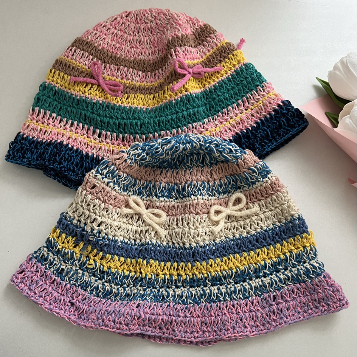 手钩棉线蝴蝶结条纹撞色渔夫帽女甜美可爱针织盆帽子-阿里巴巴