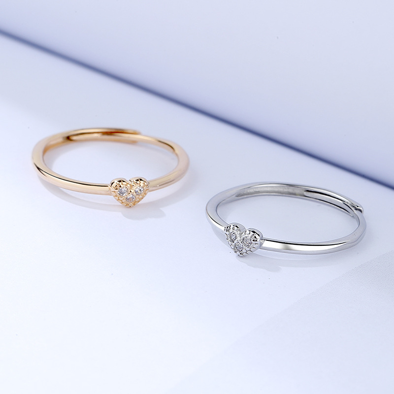彩金小清新香槟色爱心开口戒指女 窄版微镶锆石心形学生指环尾戒