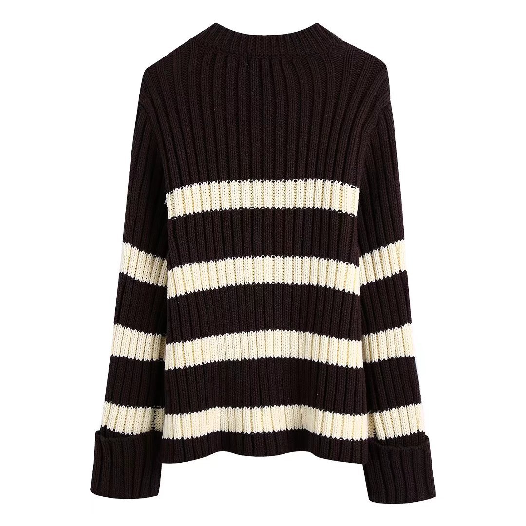 外贸欧美ins风女女装za2022夏季复古宽松休闲高领套头条纹针织衫