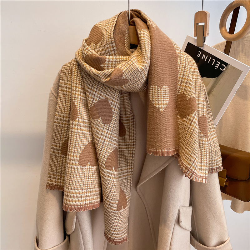 Autumn and Winter New Tassel Scarf Women's Korean-Style All-Matching Thickened Cashmere-like Warm Shawl Cute Heart Windproof Scarf