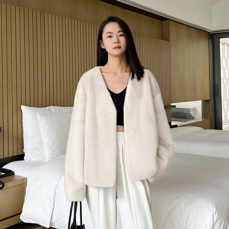 进口紫标天鹅绒级水貂皮草女貂皮大衣女整貂大衣貂毛外套v领短款