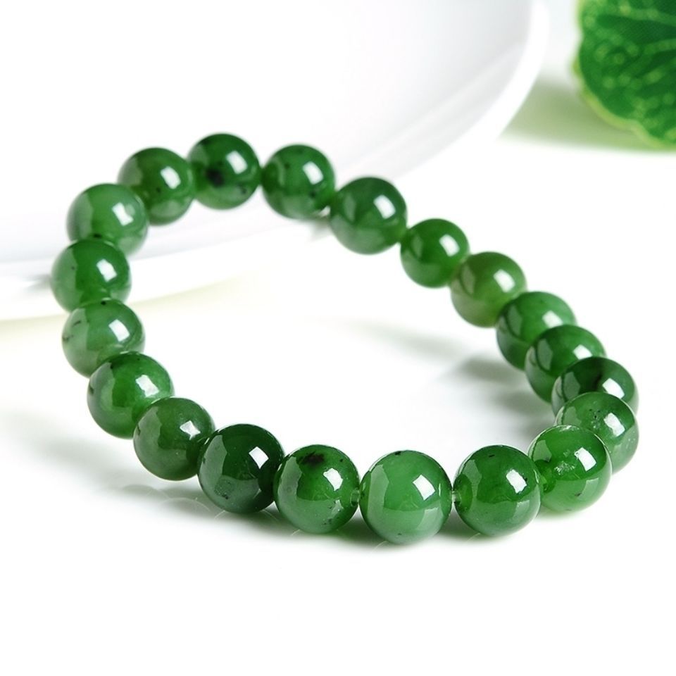 新疆和田玉碧玉手链男女圆珠玉珠手串菠菜绿佛珠转运珠真品玉石