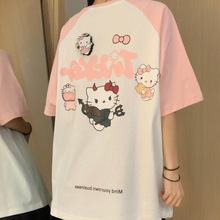 美式复古凯蒂猫卡通插肩短袖T恤女夏季ins宽松设计感小众甜美上衣