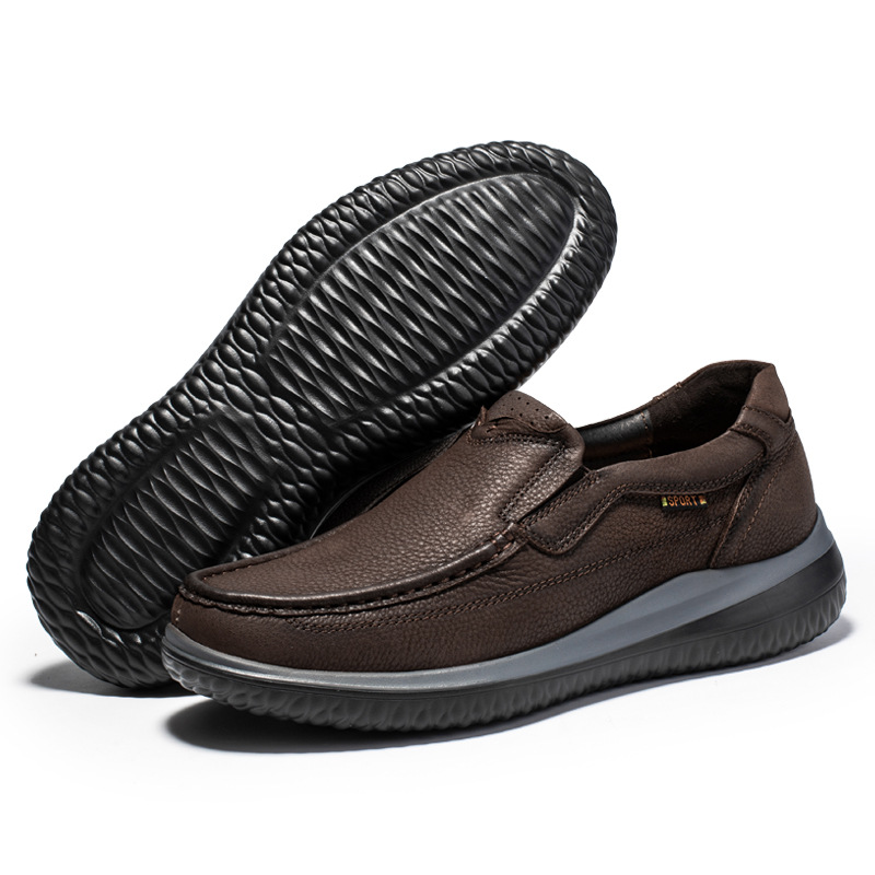 休闲鞋男轻便套脚舒适厚底男鞋一脚蹬皮鞋户外运动健步鞋头层牛皮