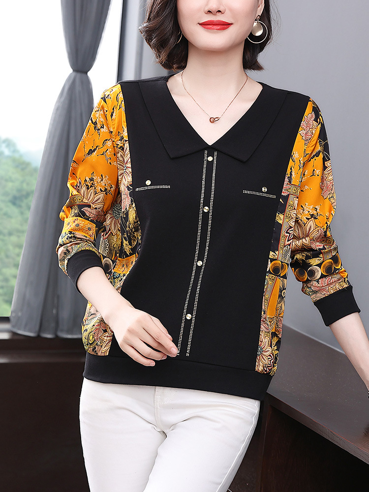Middle-Aged Mom Style Long-Sleeved T-shirt Women's 2024 Spring New Polo Collar Stitching Loose Middle-Aged and Elderly Women's Clothing Western Style Top