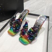水晶跟拼色猫跟一字拖鞋2024夏季新款高跟彩色蝴蝶结时尚高跟凉鞋