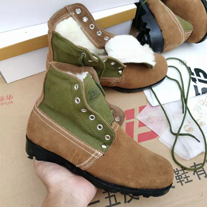 冬季羊毛防寒防滑大头鞋沙绿色老式男士劳保鞋翻毛皮鞋雪地靴批发