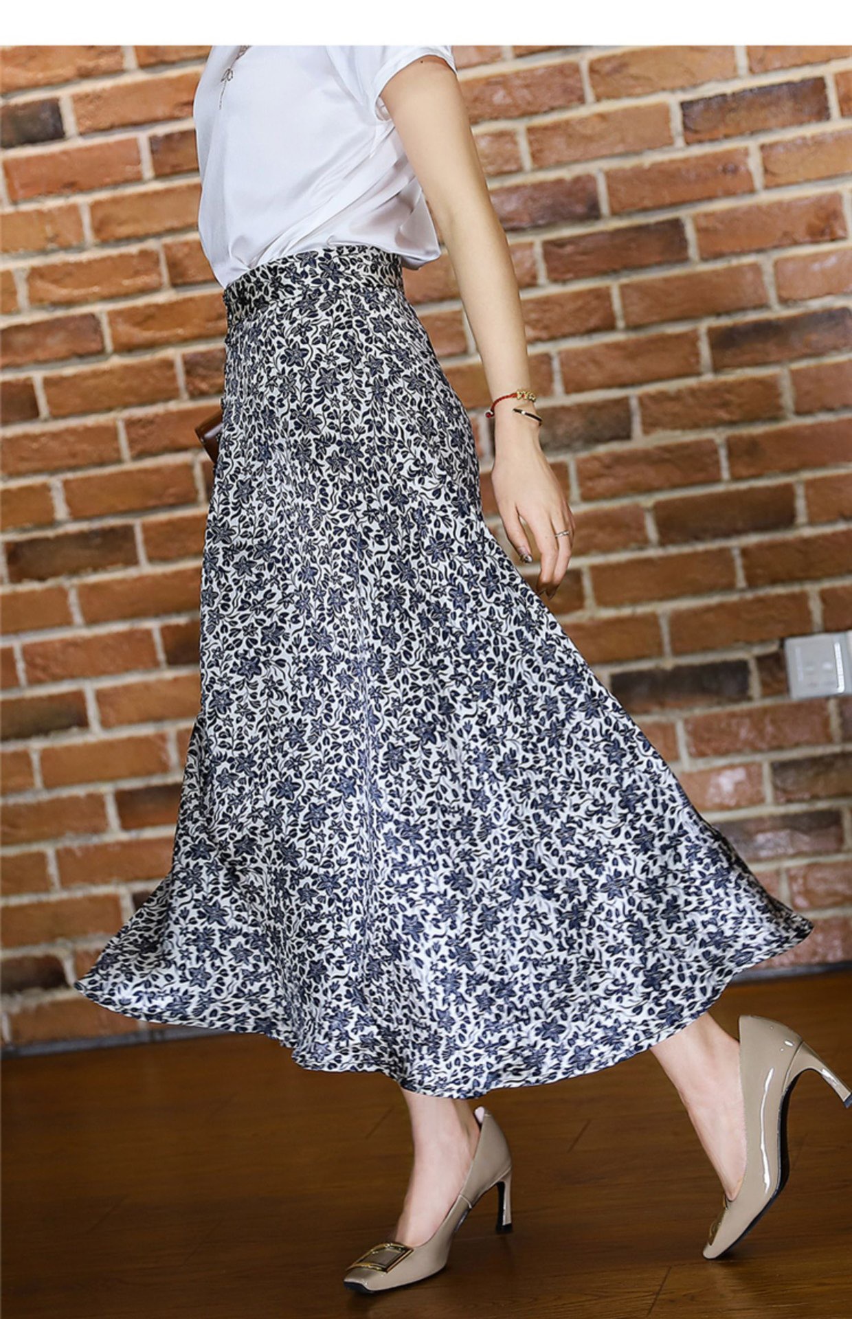 法式复古 重磅弹力缎真丝半身裙女春夏新款 一片式碎花桑蚕丝伞裙