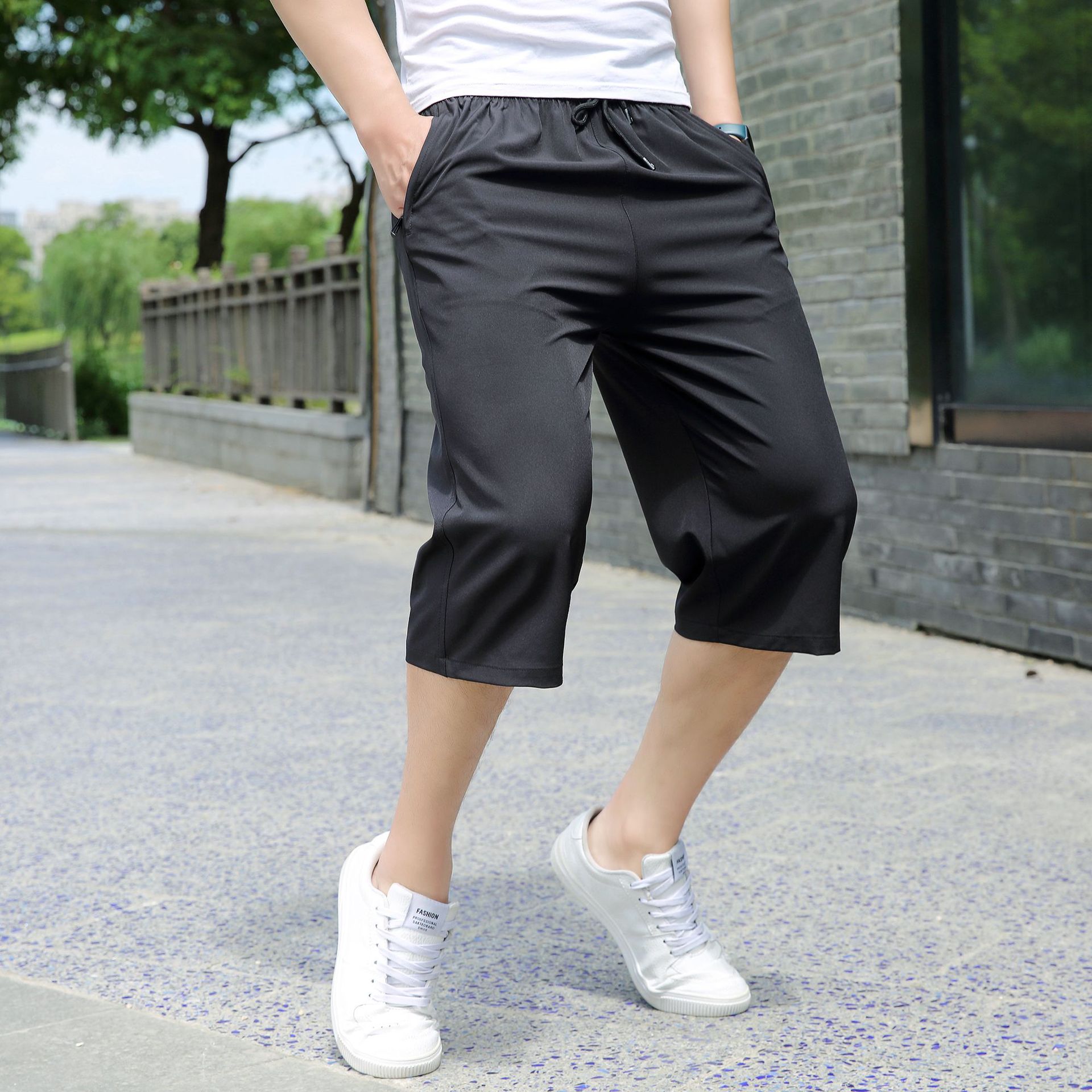 夏季男裤男士速干七分裤涤纶弹力透气运动短裤中老年青年中裤