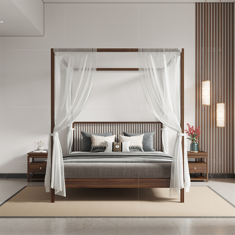 黑胡桃木实木新中式架子床1.8米四柱床双人柱子床禅意民宿客栈床