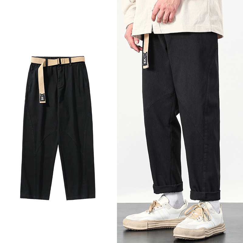 Spring Men's Loose Casual Pants with Belt Men's Washed Hip Hop Cotton Pants Men's Trendy Long Pants