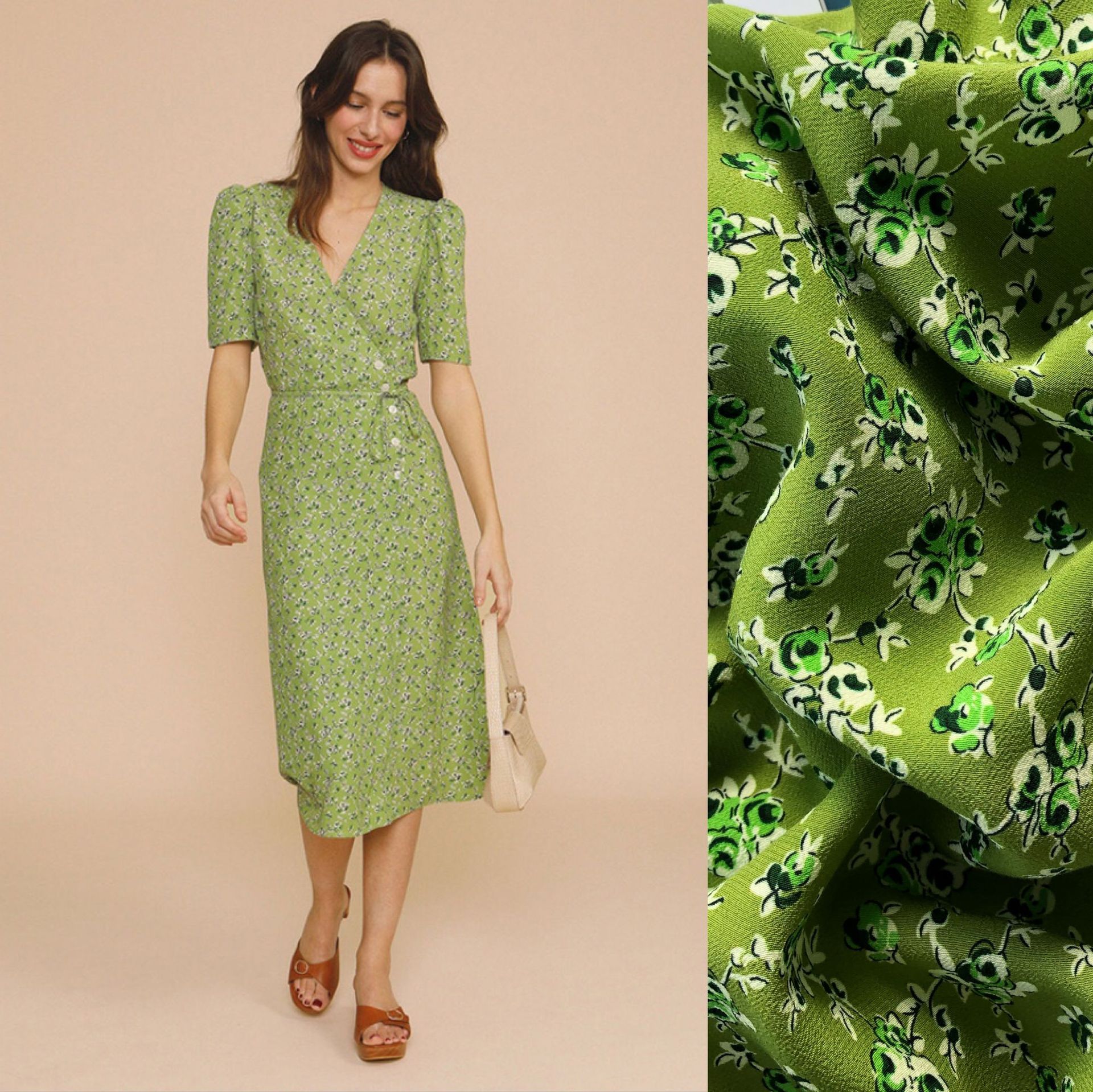 淡淡的法式慵懒 莺飞草长绿梅梅裹裙 经典一片式茶歇裙短袖连衣裙