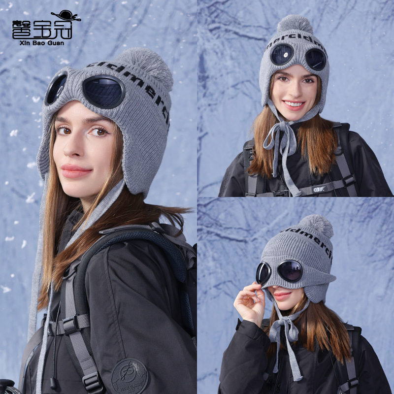 winter sleeve cap women‘s hair ball knitted with glasses woolen cap outdoor cold-proof warm ear protection ushanka cross-border