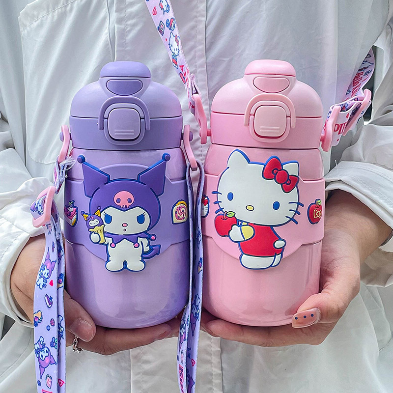 Hellokitty Vacuum Cup Good-looking Cute Cup Straw Portable Lanyard Strap Children's Double Drinking Cup Sanrio