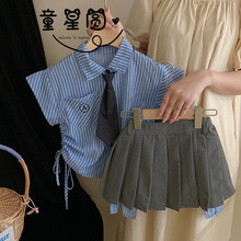 童星圆韩版童装2024夏季新款女童美式时髦竖条纹无袖上衣短裙套装