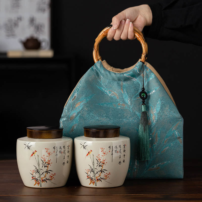 高档刺绣布包茶叶包装绿茶红茶双罐包装盒龙井茶高山茶茶叶罐礼盒