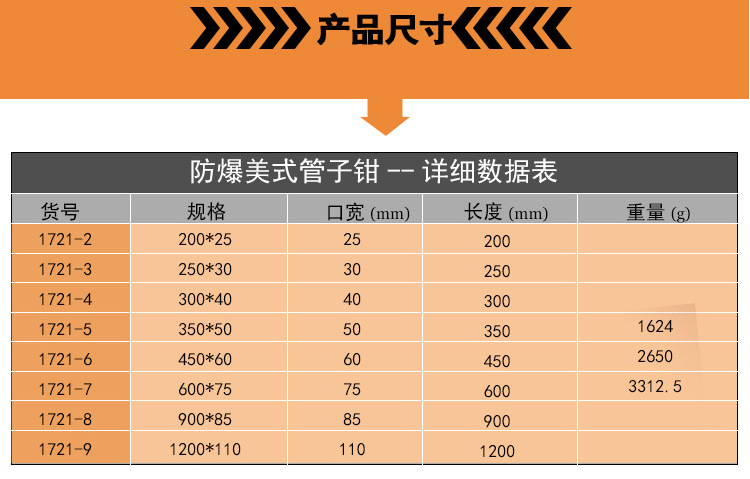 铍青铜防磁轻型管钳管子钳管钳扳手管钳子无火花工具8寸48寸