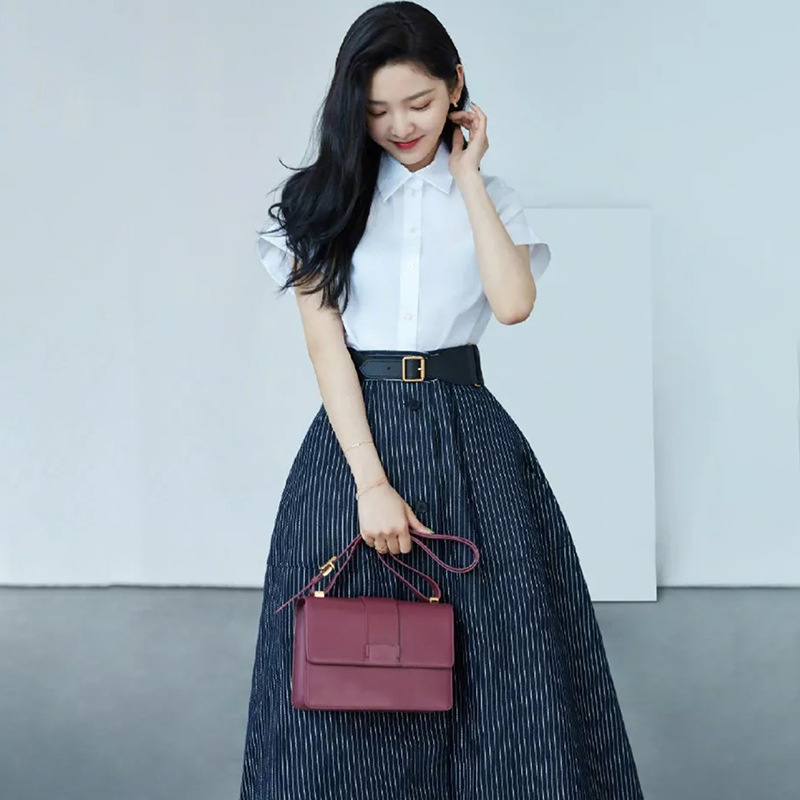 明星章若楠同款女装2021夏季新品短袖白衬衫 时尚条纹单排扣半裙