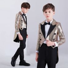 2020新款金色燕尾服时尚指挥套装钢琴表演舞台走秀合唱演出服男童