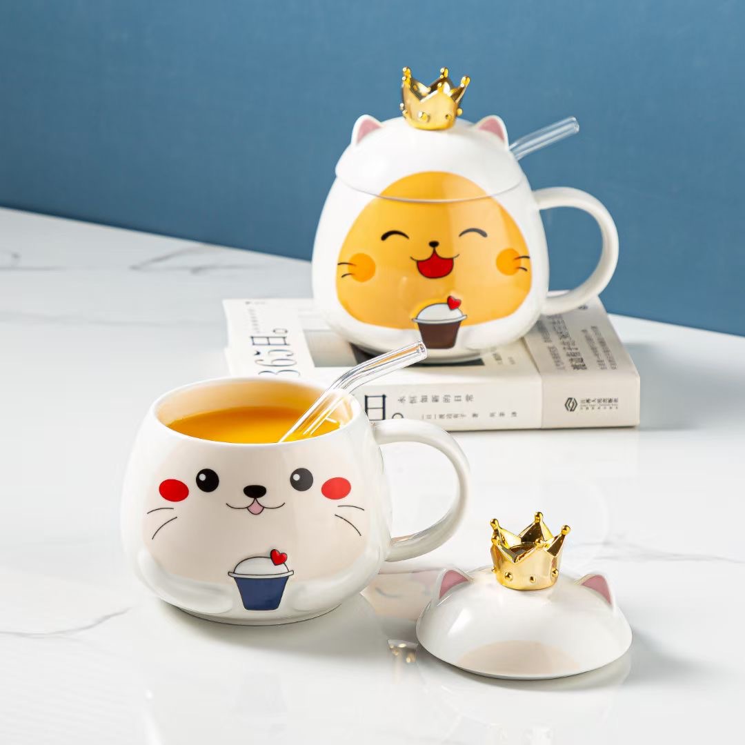 Cute Cartoon Cat Crown Children's Ceramic Water Cup Office Afternoon Tea Coffee Cup Gift Mug Wholesale