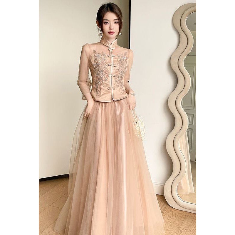 中式伴娘服2023新款夏季粉色长款仙气婚礼姐妹团礼服裙女高级小众