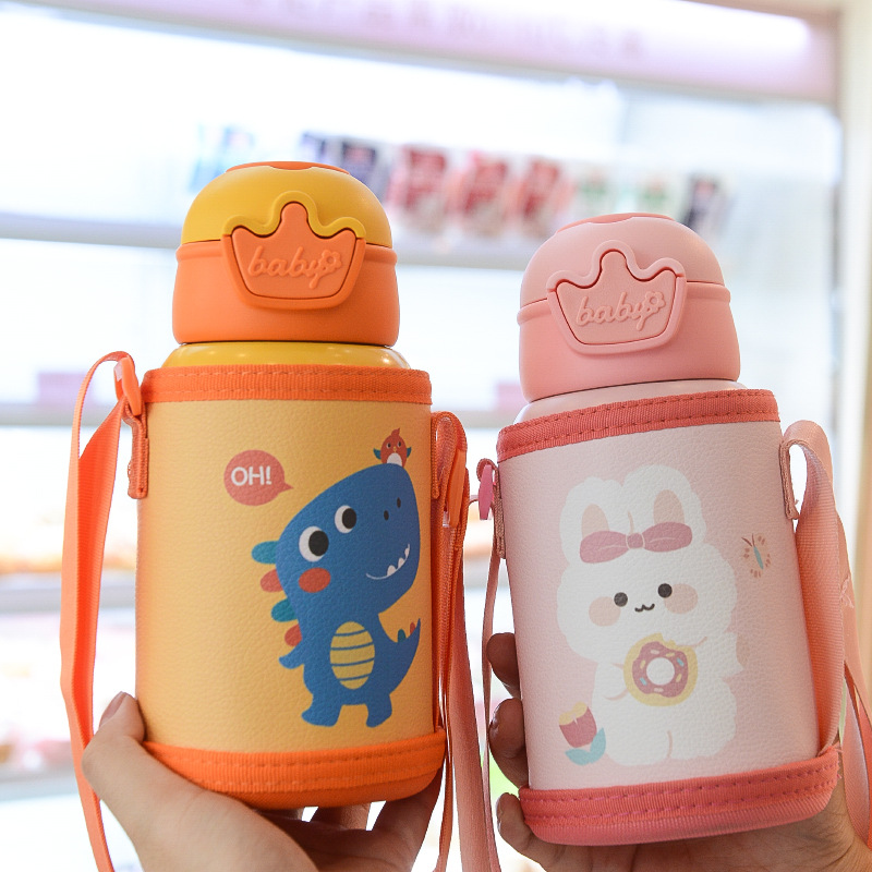 Stainless Steel Large Capacity Children's Thermos Mug Cup with Straw Female Student Bounce Cover Creative Lanyard Water Bottle Portable Customization