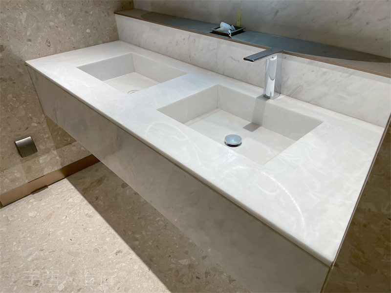 宇西人造石厂家-暗纹白亚克力人造石洗手台/双盆一体式水槽