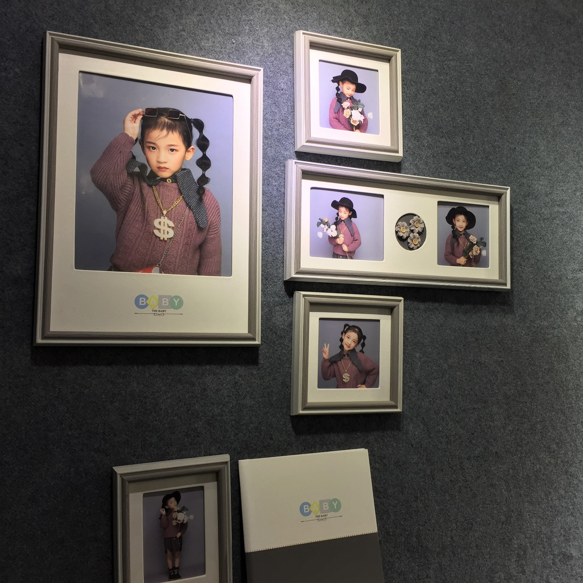 新款挂墙组合儿童灰边影楼套装时尚皮革多照片墙5宫格创意相框