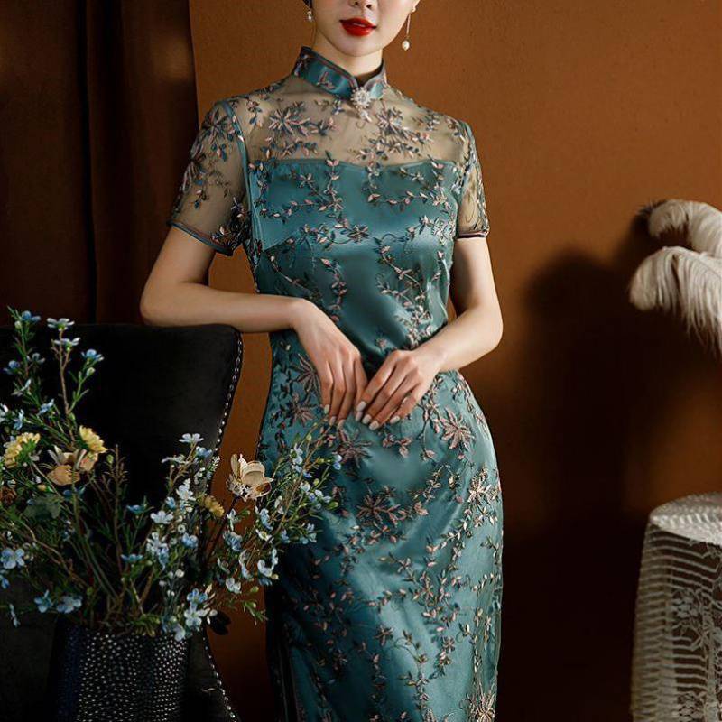 连衣裙刺绣网纱蕾丝旗袍婚宴儿子结婚婚礼妈妈装-阿里巴巴