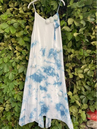 云南大理白族手工扎染连衣裙文艺长裙蓝白古法草木染三朵玫瑰