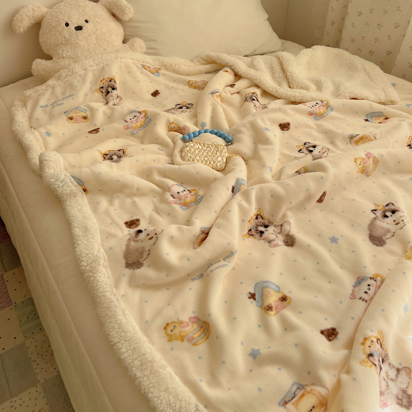 卡通可爱猫咪羊羔绒加厚休闲毯子牛奶绒毛毯珊瑚绒盖毯少女午睡毯