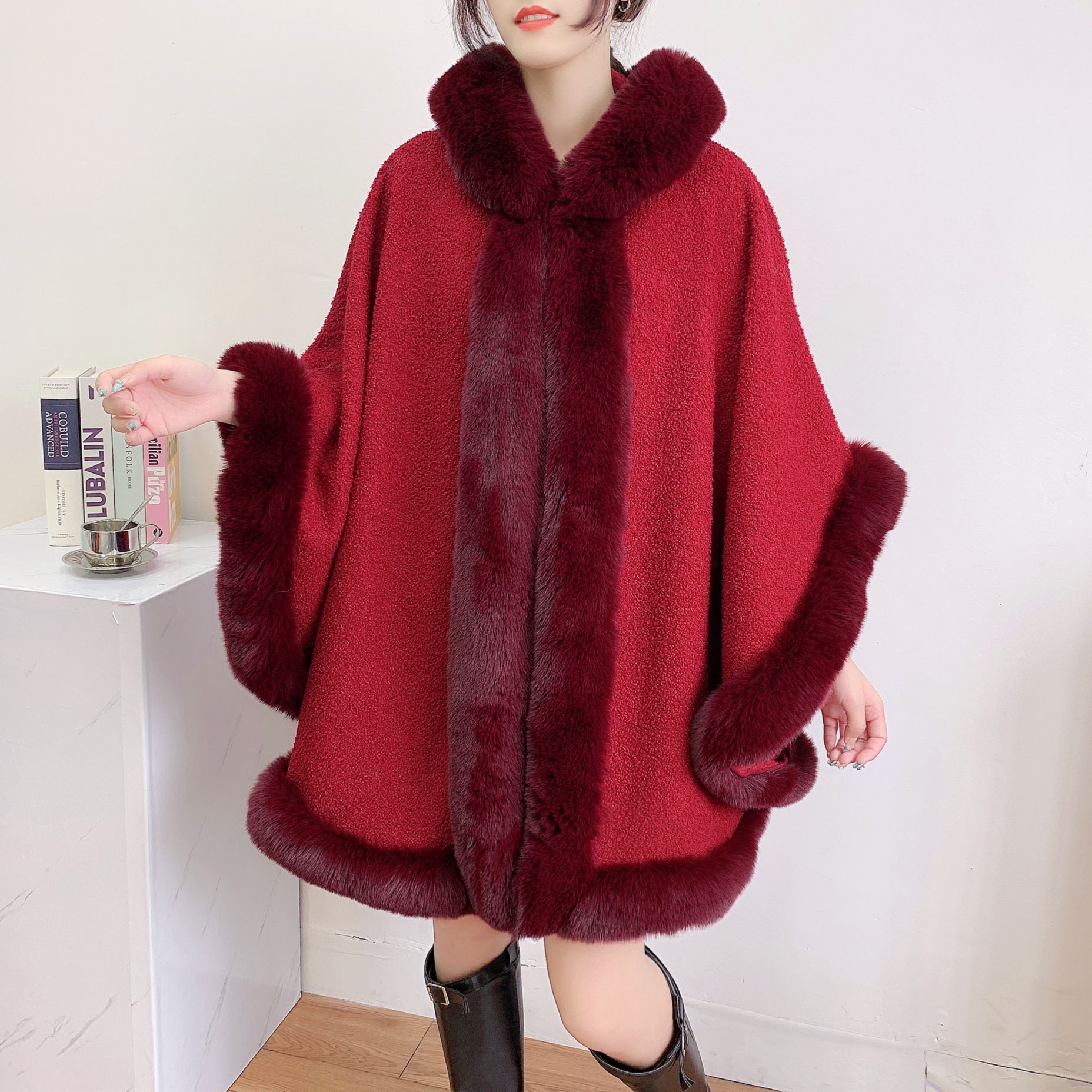 Autumn and Winter European and American Loose Imitation Rex Rabbit Fur Collar Hood Knitwear Women‘s Cape and Shawl Warm Cheongsam Cloak Coat