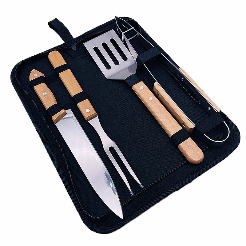 Wooden Handle Grill Suit Outdoor Picnic Stainless Steel Knife Fork Clip Brush Sweep Amazon BBQ Tools Cloth Bag