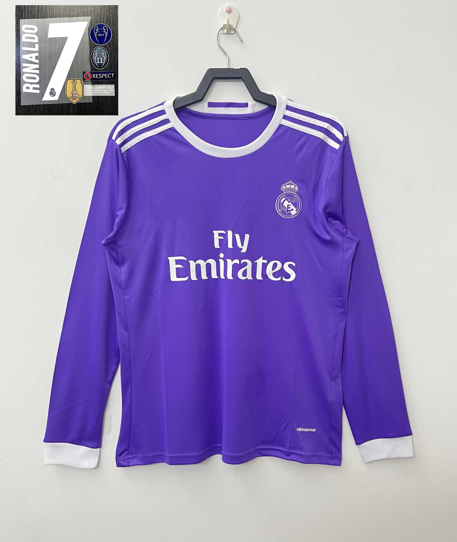 1617皇马球衣7号罗纳尔多c罗欧冠决赛版紫色客场长短袖足球服批发