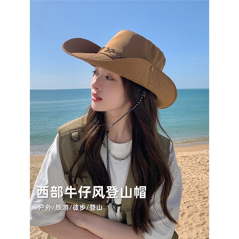 2024新款西部牛仔帽抽绳渔夫帽子太阳遮阳徒步防晒户外登山钓鱼帽