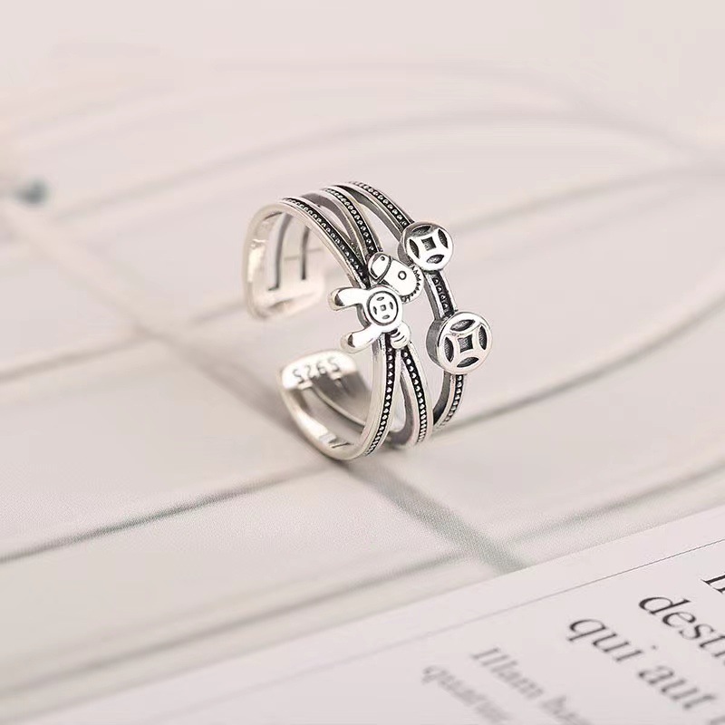 复古个性马上有钱戒指男女泰银做旧工艺铜钱简约气质创意开口指环