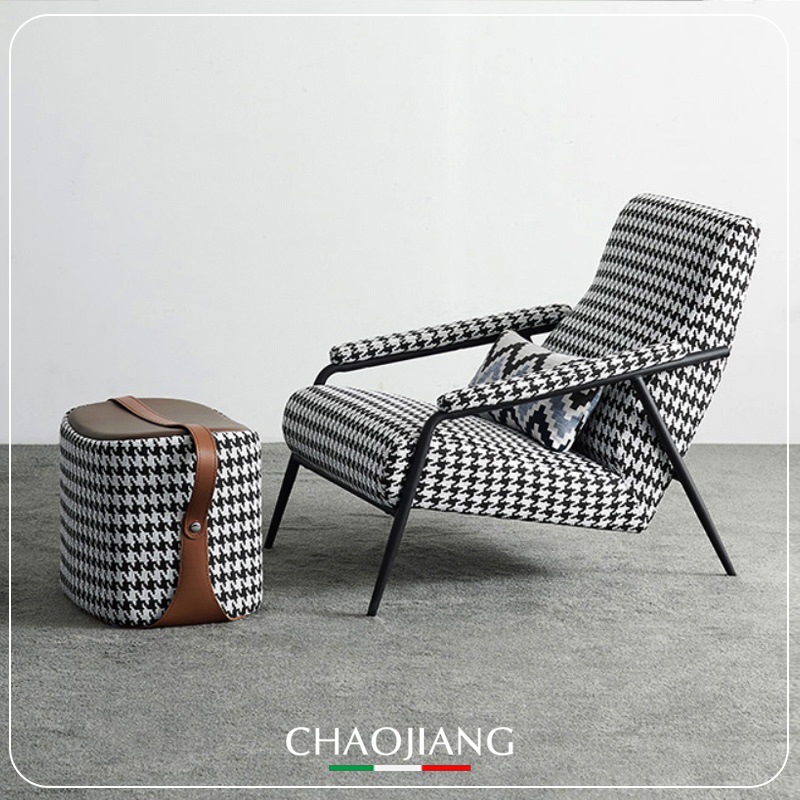 千鸟格休闲椅意式北欧小户型客厅阳台卧室单人休息懒人小沙发椅子