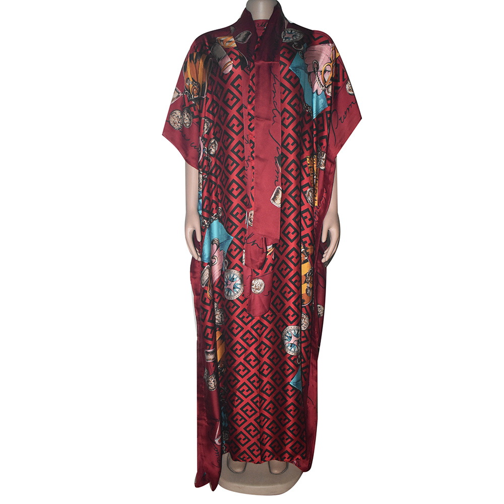 Cross-Border African Mom Hot Selling Imitation Silk plus Size Long Dress with Headscarf