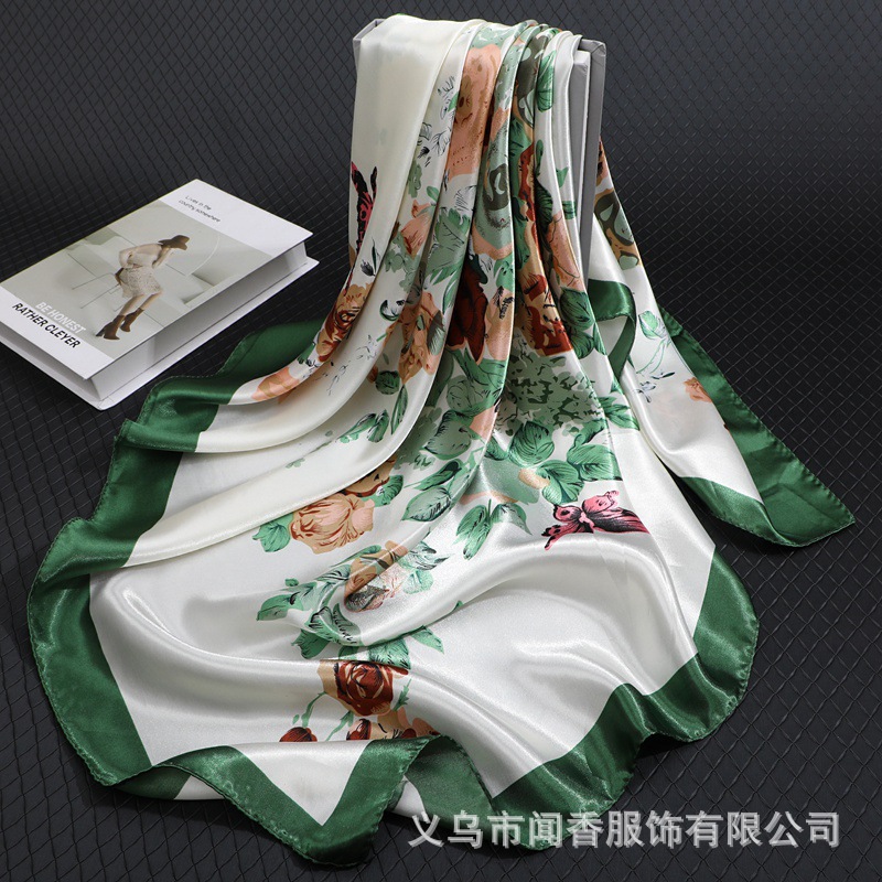 90cm Large Kerchief Women's Satin Satin Satin Emulation Silk Scarf Printed Headcloth Warm Decorative Scarf for Middle-Aged and Elderly People