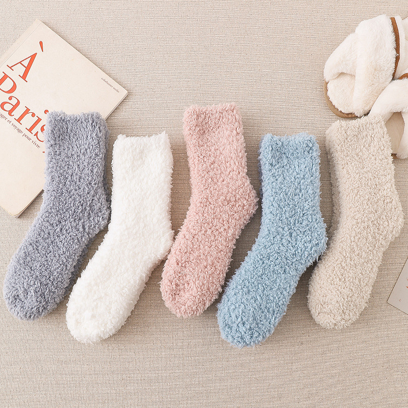 Autumn and Winter Sleeping Socks Women's Fleece-lined Thickened Japanese Solid Color Room Socks Cute Stripes Warm-Keeping Socks Women's Winter