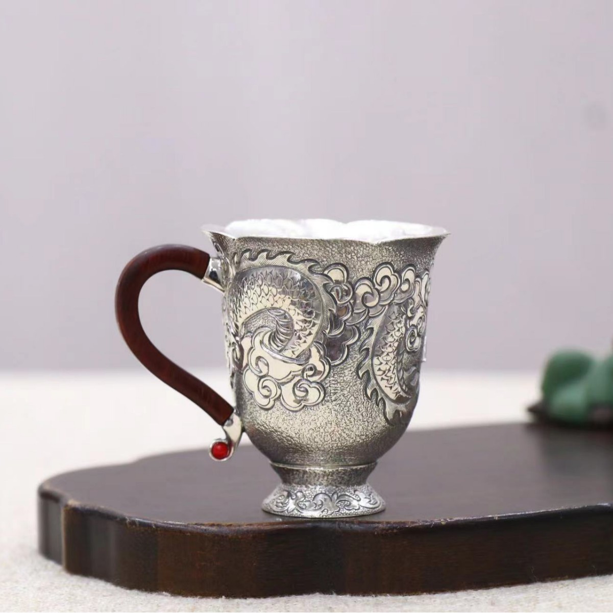 纯银茶杯 足银999精品纯手工双龙戏珠 银茶缸马克杯家居男女水杯