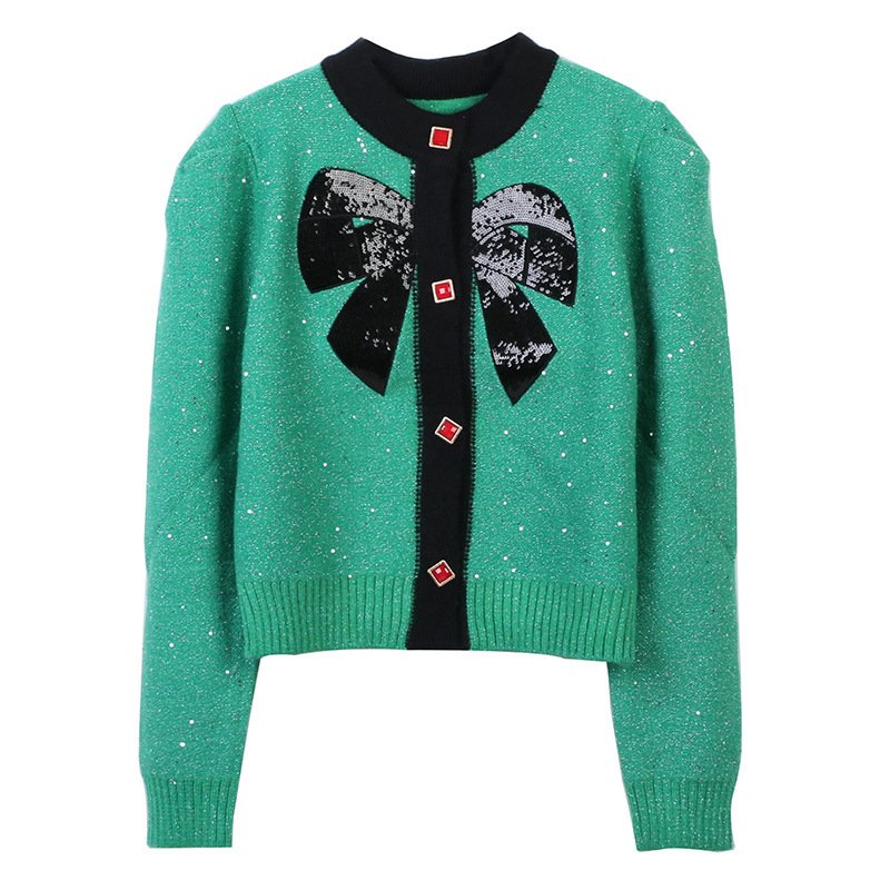 Sweet Sweater Women's Cardigan 2023 Autumn and Winter New Sequined Bow round Neck Long Sleeve Loose Temperament Knitted Cardigan