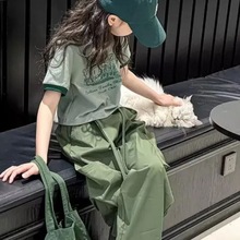 女童时髦韩系套装夏季新款中大儿童洋气T恤直筒工装裤时尚两件套