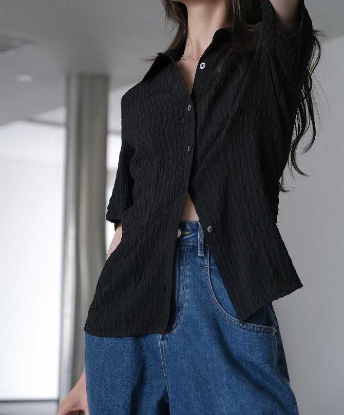 nvyis饭馆2022夏季新款女修身显瘦薄款肌理感气质通勤黑色衬衫女