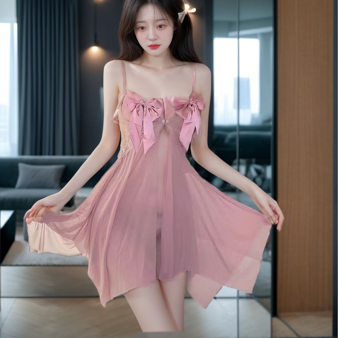 蝶妙思丝情趣内衣透视蝴蝶结吊带性感睡裙露背深v胸前连衣裙a229