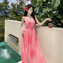 夏季新款盐系穿搭轻熟气质纯欲显瘦渲染粉色吊带连衣裙质感高级感
