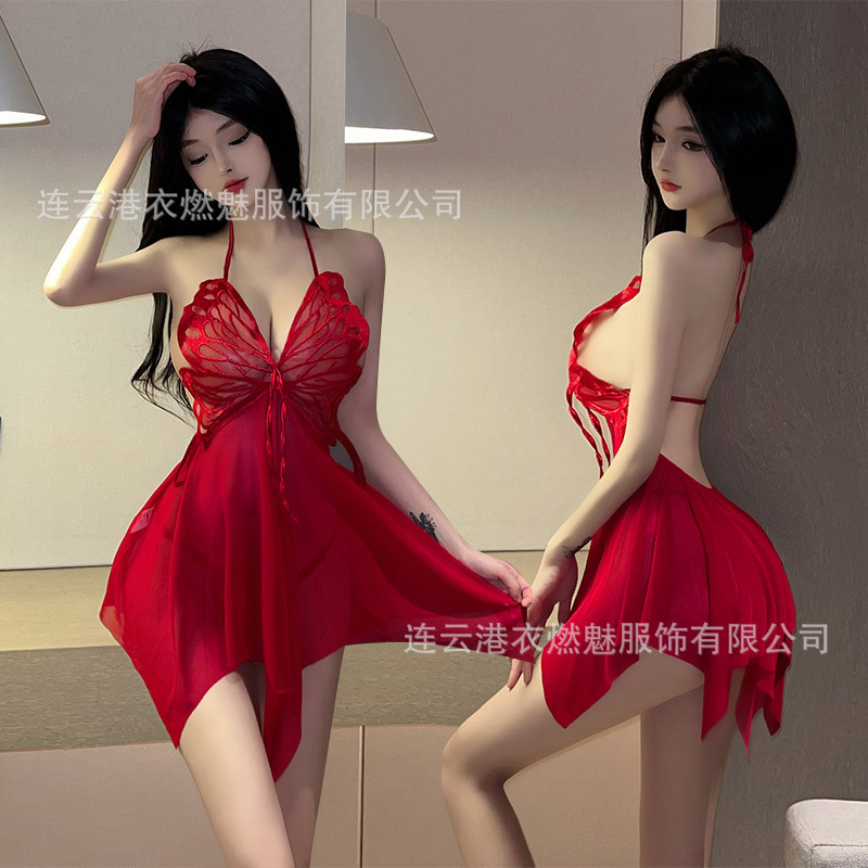 Sexy Lingerie Butterfly Temptation Transparent Strap Nightdress Sexy Mesh Passion Uniform Pajamas Suit 9890